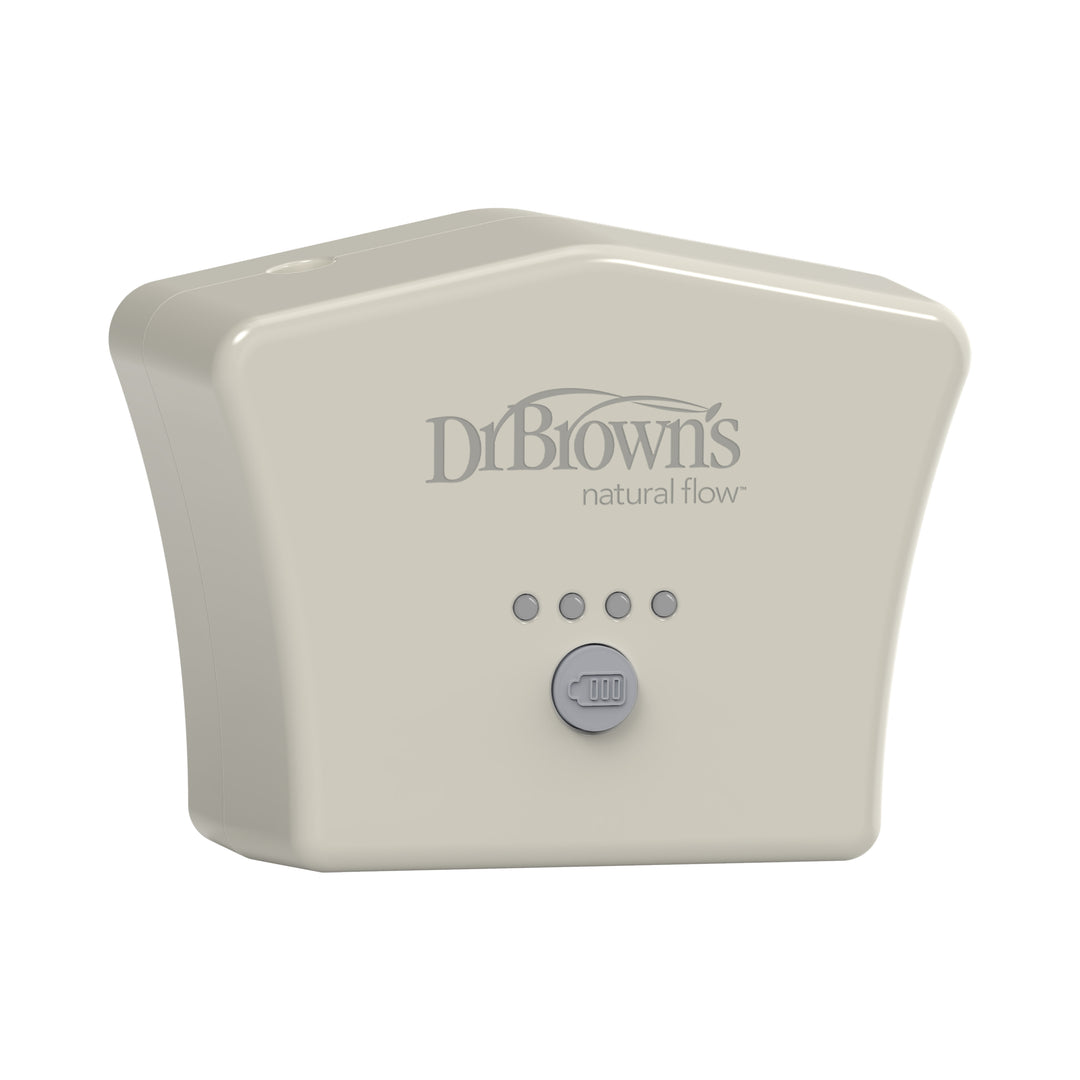 A cream-colored electronic accessory branded with the "Dr. Brown's" logo is designed for use with the Customflow™ Double Electric Breast Pump. This battery pack features four small indicator lights and a power symbol button, offering a sleek and compact design that ensures convenient on-the-go use.