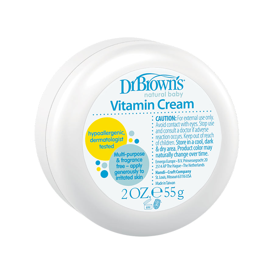 Introducing Dr. Brown's Natural Baby Vitamin Cream, available in a 2 oz (55g) white round container. This multi-purpose cream is an excellent choice for soothing your little one's delicate skin. It's hypoallergenic, dermatologist tested, and fragrance-free, designed specifically for dry or irritated skin.