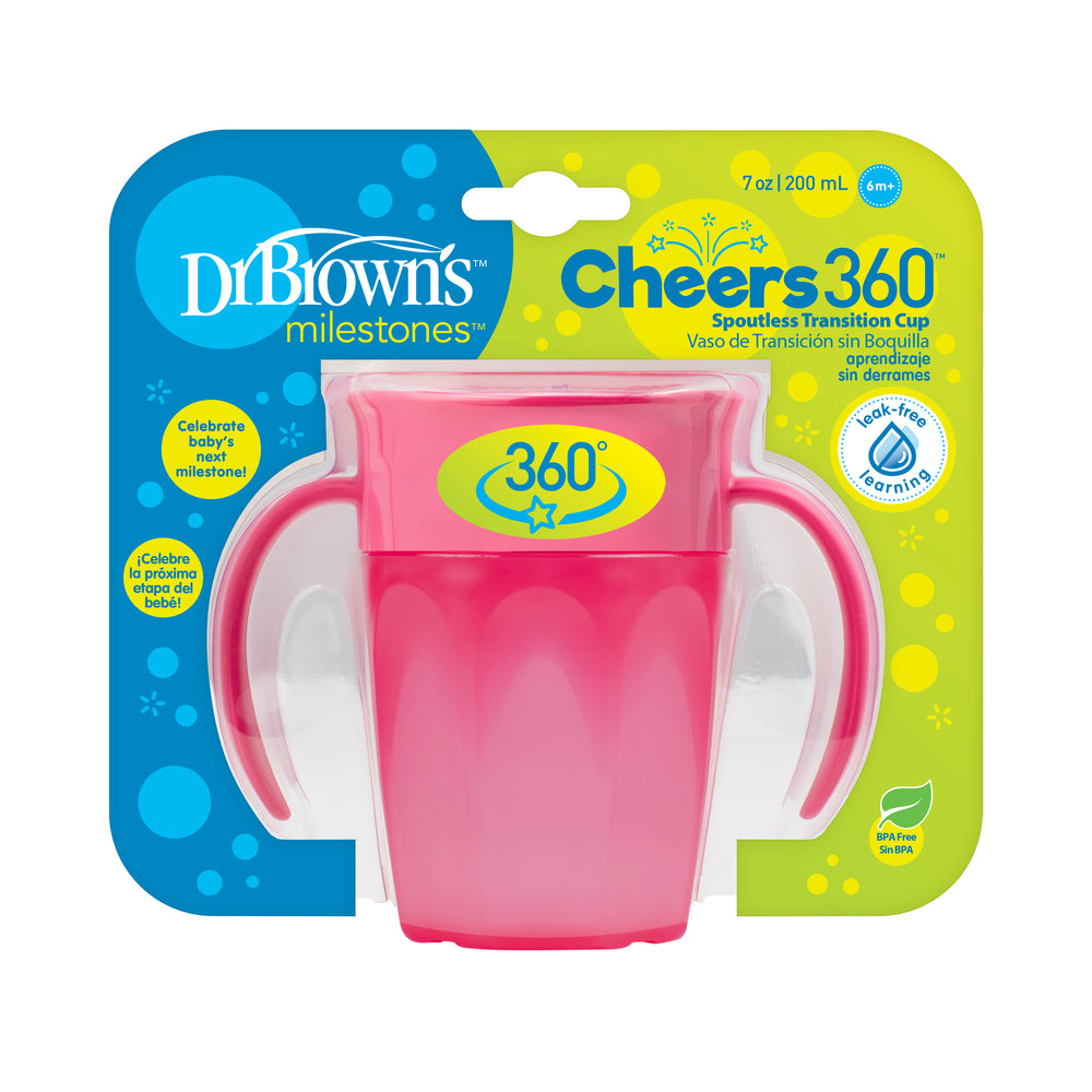 Image of Dr. Brown’s® Milestones™ Cheers360™ Cup with Handles. This pink, leak-free training cup boasts a spill-proof 360-degree design and comes with handles for easy gripping. The packaging showcases its 7 oz/200 mL capacity and emphasizes its BPA-free material, along with colorful branding and detailed features.