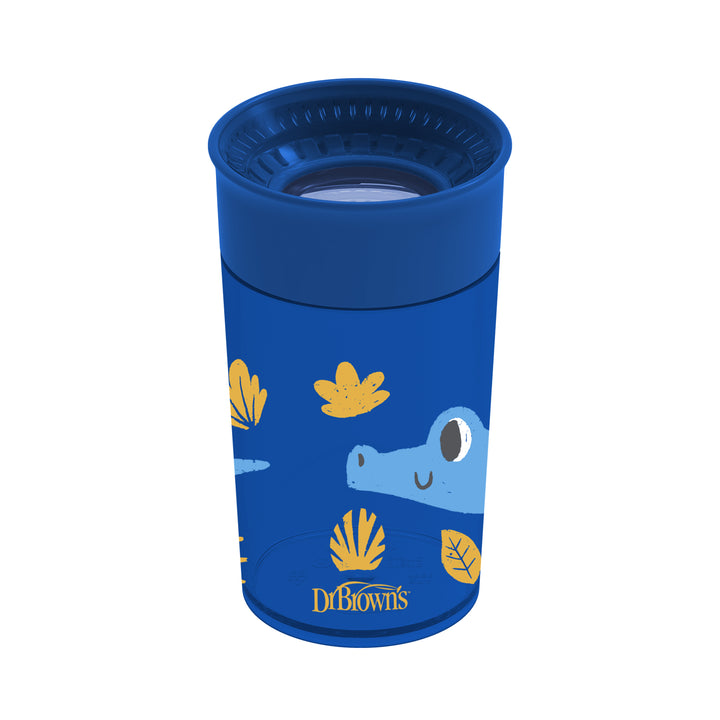 A Dr. Brown’s® Milestones™ Cheers360™ Cup, holding 10 oz/300 mL, comes in blue and features cheerful, colorful illustrations of a friendly blue crocodile amidst yellow leaves. This 360-degree spoutless children's cup is expertly crafted by Dr. Brown's to include a leak-free, spill-proof lid.