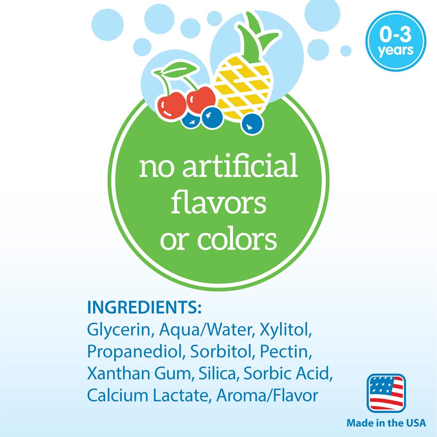 The packaging features icons of fruit and the message "no artificial flavors or colors." The ingredients include Glycerin, Water, Xylitol, among others. Dr. Brown's™ Fluoride-Free Baby Toothpaste [Mixed Fruit] 1.4oz/40g is ideal for establishing oral hygiene habits in children aged 0-3 years. A "Made in the USA" badge appears in the corner.