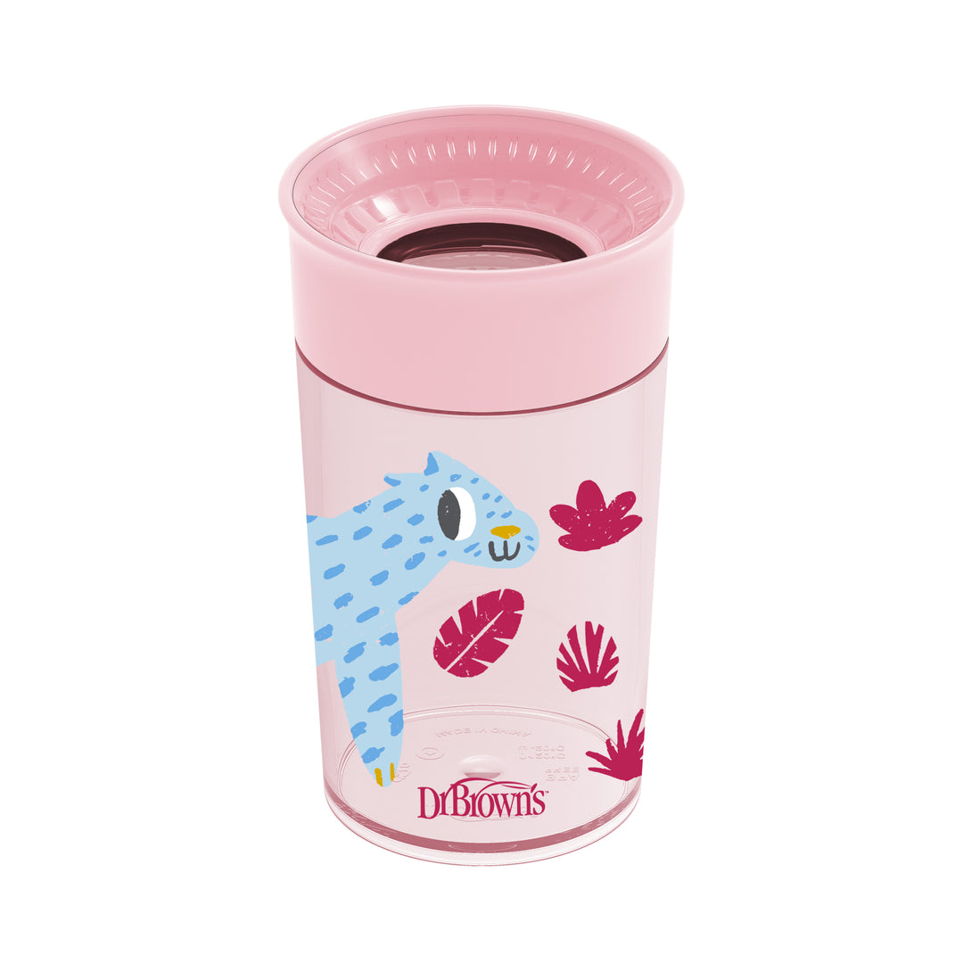 The Dr. Brown’s® Milestones™ Cheers360™ Cup 10 oz/300 mL in pink features a vibrant illustration of a blue leopard adorned with small spots and an open mouth. Encircling the leopard are decorative pink and red leaves, while the innovative silicone valve design is a standout feature. The brand name "Dr. Brown's" is prominently displayed at the bottom.