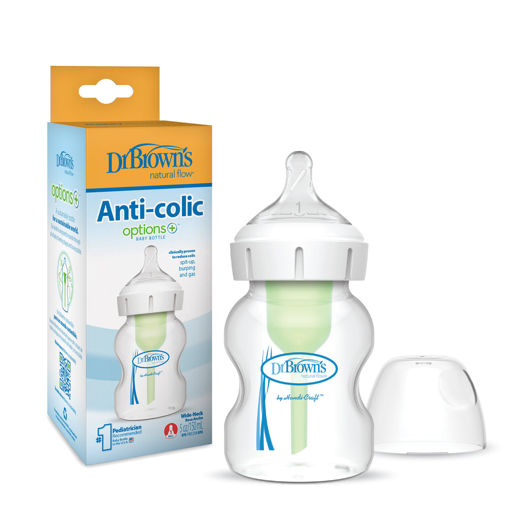 The Dr. Brown’s Natural Flow® Anti-Colic Options+™ Wide-Neck Baby Bottle, featuring a Level 1 Slow Flow Nipple and a green vent, is presented next to its packaging. The box showcases the options feature and highlights the benefits of the Natural Flow system. Alongside the bottle, a plastic cap underscores its thoughtful design for both parent and child.