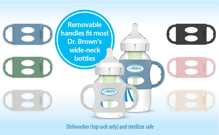 Image showcasing a pair of baby bottles equipped with Dr. Brown’s® Milestones™ Wide-Neck Silicone Handles, featuring blue removable handles amidst an array of vibrant colors. Text states: "These removable handles are compatible with most Dr. Brown’s wide-neck bottles, offering a no-slip easy-grip to support independent drinking skills. Safe for the dishwasher (top rack only) and sterilizer.