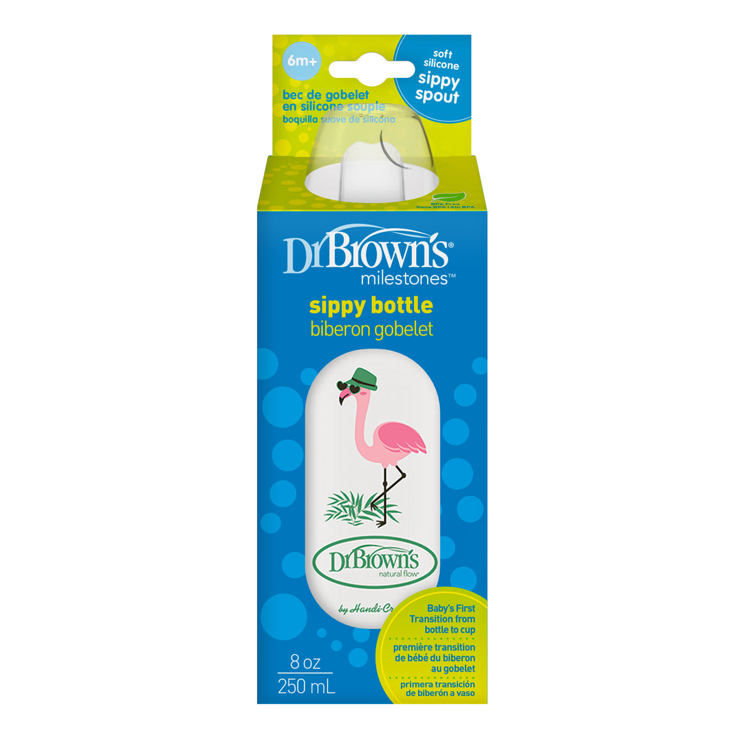 Dr. Brown's® Milestones™ Narrow Sippy Bottle, designed for babies 6 months and older, features a vibrant pink flamingo design that is ideal for transitioning from bottle to cup. The bottle includes a narrow silicone sippy spout and holds 8 oz (250 ml).