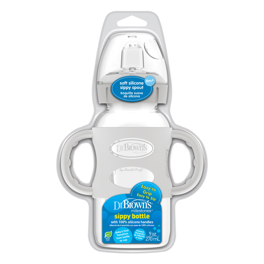 Dr. Brown’s® Milestones™ Wide-Neck Sippy Spout Bottle with Silicone Handles is a 9 oz (270 mL) solution designed to aid in the development of drinking skills, smoothly assisting babies in transitioning from bottle to cup. Its soft sippy spout and "easy to grip" feature ensure it's ideally suited for little hands.