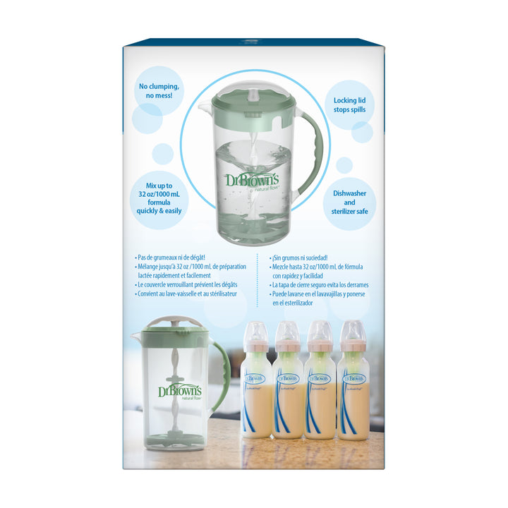 A box displays Dr. Brown's Natural Flow® Formula Mixing Pitcher with a vibrant green lid, accompanied by four baby bottles filled with formula. Key features include clump-free mixing, capacity of up to 32 oz/1000 ml, a secure locking lid, and dishwasher safety—ideal for effortless formula preparation.