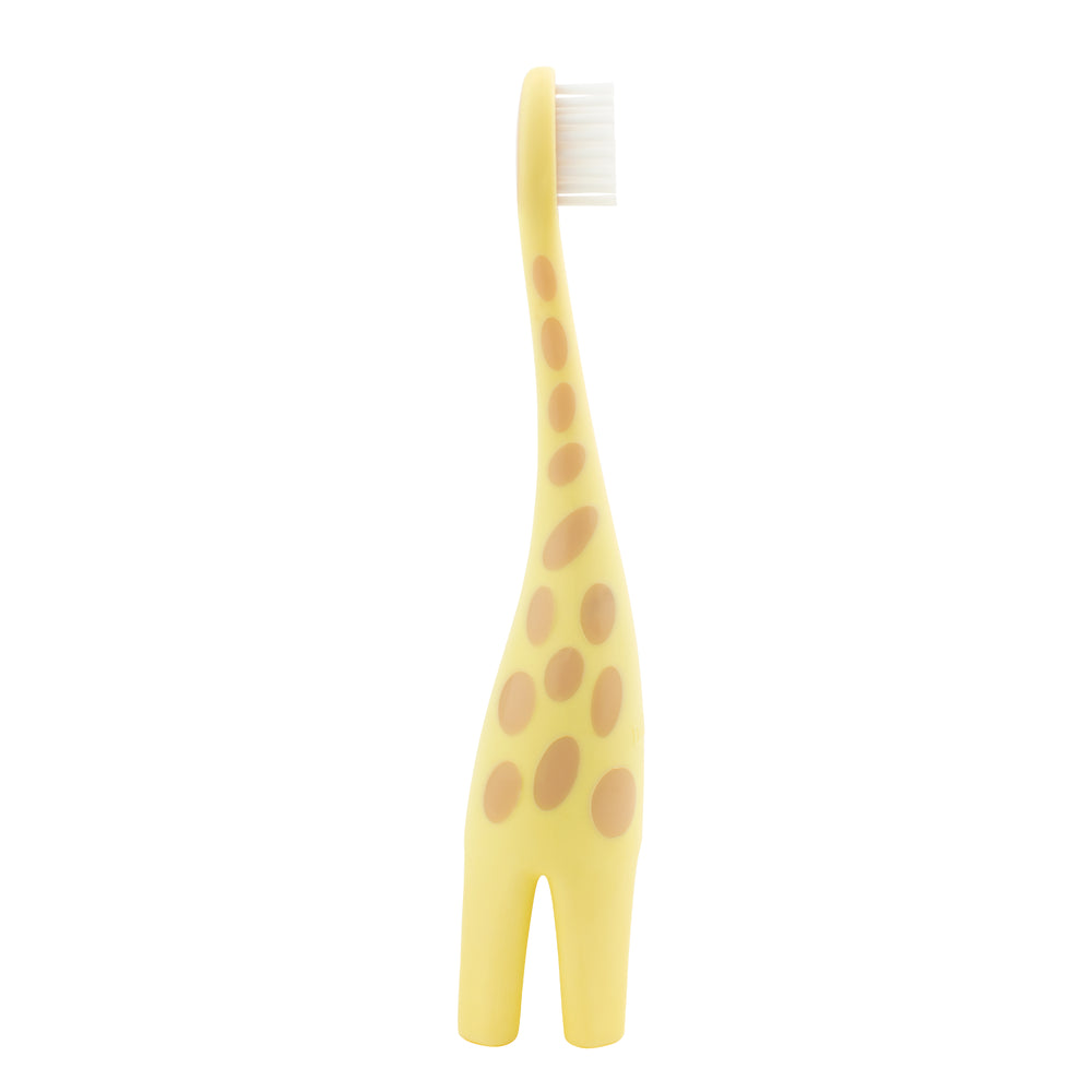 The Dr. Brown’s™ Infant-to-Toddler Toothbrush is a charming yellow giraffe design, featuring a long neck and brown spots, and stands upright on flat legs, making it ideal for promoting oral hygiene for babies.