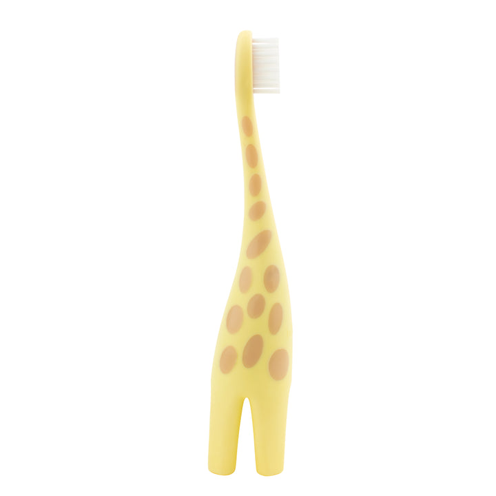 The Dr. Brown’s™ Infant-to-Toddler Toothbrush is a charming yellow giraffe design, featuring a long neck and brown spots, and stands upright on flat legs, making it ideal for promoting oral hygiene for babies.