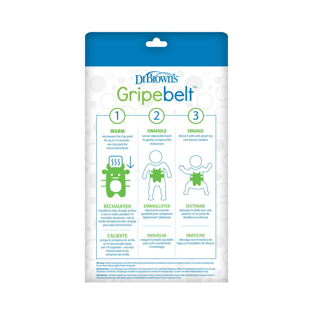 The image features the packaging for the Dr. Brown’s™ Gripebelt™ Colic Swaddling Belt, a heated wrap designed to naturally alleviate gas and relieve baby colic. It contains instructions in both English and French on warming, swaddling, and engaging with a baby, along with illustrations presented in a blue and green color scheme.