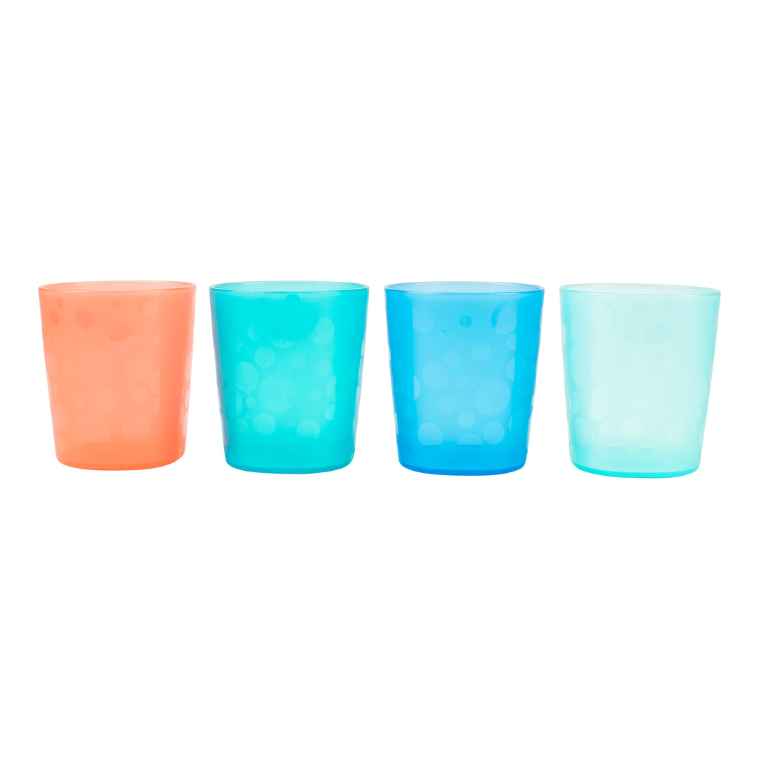 A set of four colorful Dr. Brown's Toddler Tumblers is arranged on a white background, displaying hues of orange, teal, blue, and light blue. Each open cup is designed with a gentle dotted texture to aid in developing fine motor abilities for drinking skills.