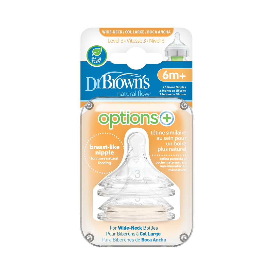 Packaging of Dr. Brown’s Natural Flow® Wide-Neck Baby Bottle Silicone Nipple for 6 months and older. This product is designed with a breast-like silicone nipple to provide expertly crafted anti-colic relief, compatible with wide-neck bottles, and includes two durable silicone nipples.