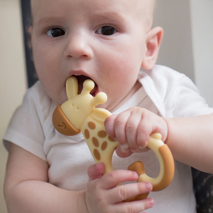 Baby chewing on ridgees giraffe teether