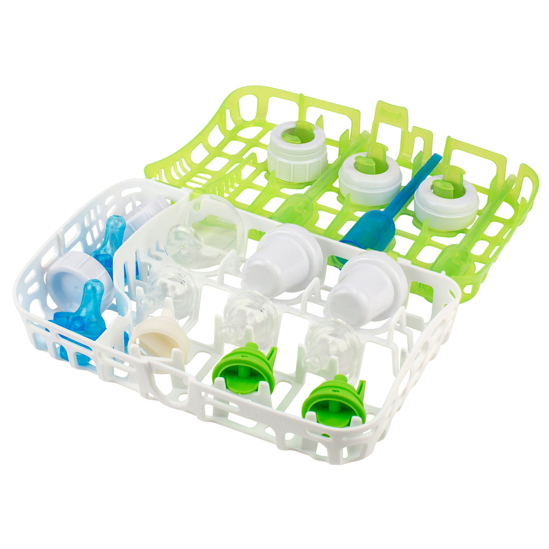 The Dr. Brown's™ Options+™ Dishwasher Basket for Baby Bottle Parts, made by Dr. Brown's, is ideal for organizing baby bottle components, featuring pastel green and white sections. Its small slots ensure secure washing, accommodating nipples, caps, and valves with ease.