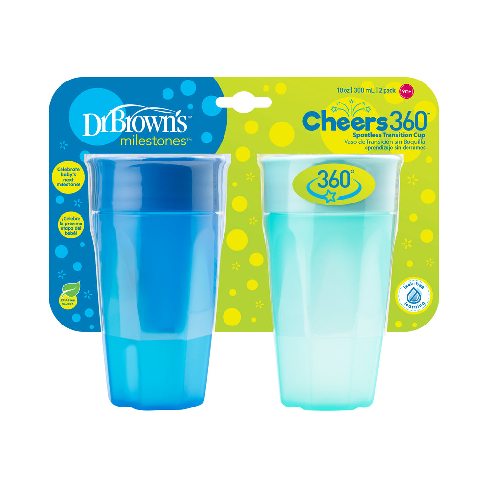 Introducing Dr. Brown’s® Milestones™ Cheers360™ Cups, designed for a smooth transition to grown-up drinking styles. This package contains two 10 oz/300 mL spoutless cups in bright blue and green, ideal for toddlers aged 12 months and up, featuring a 360-degree sippy cup design to prevent leaks.