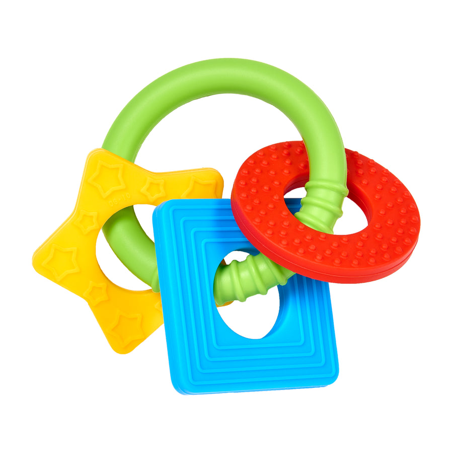 The Dr. Brown's Learning Loop Teether is a vibrant product featuring interlocking shapes, including a green ring, yellow star, red textured ring, and blue square. Its unique combination of textures and colors provides tactile stimulation for curious little hands.