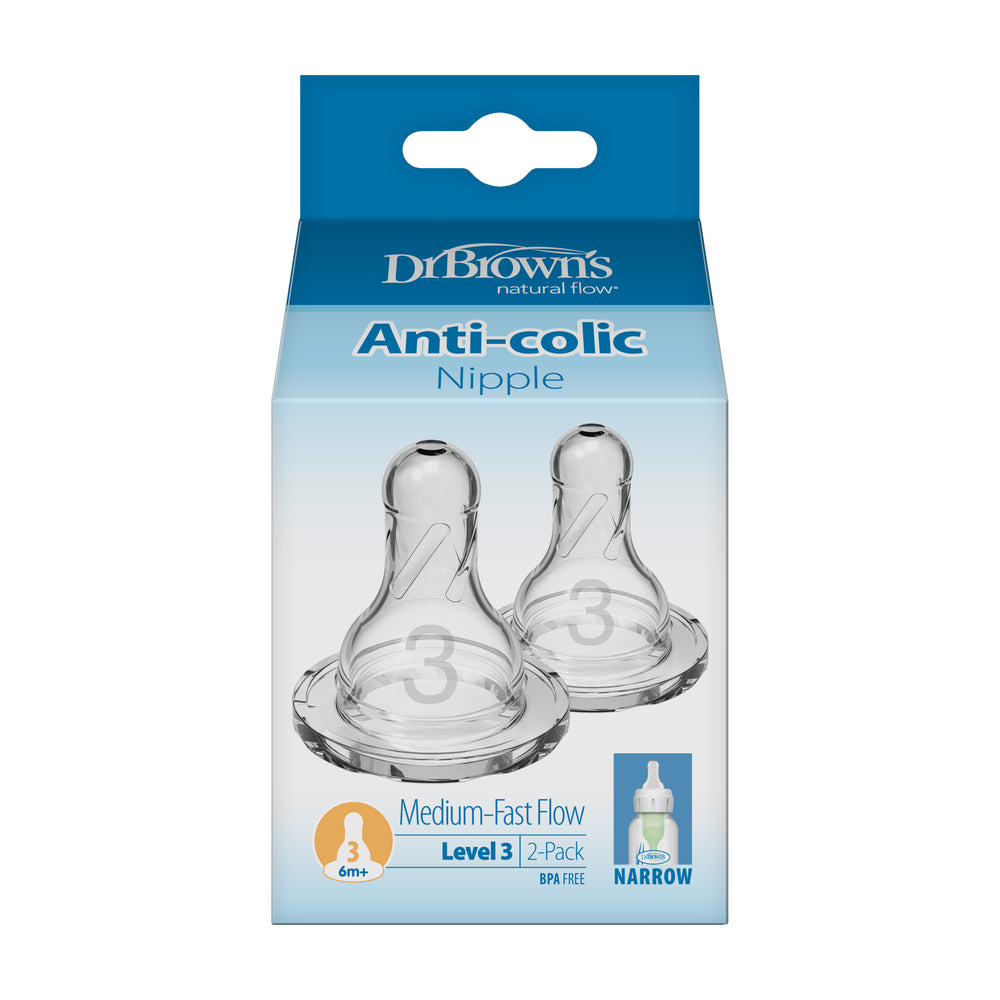 Packaging for Dr. Brown’s Natural Flow® Narrow Baby Bottle Silicone Nipple, a 2-pack of clear bottle nipples marked with a "3" to indicate Level 3, Medium-Fast Flow. Suitable for babies aged 6 months and older, these are BPA free. The packaging features a light blue design and is compatible with Dr. Brown's Bottles.