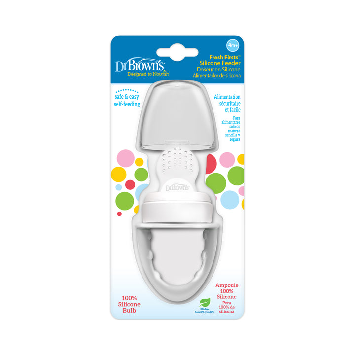 Introducing the packaging for Dr. Brown's™ Fresh Firsts™ Silicone Feeder, designed with a modern white and gray color scheme and a round bulb, ideal for babies aged 6 months and older. The package is adorned with vibrant dots along the side, emphasizing this innovative baby feeder from Dr. Brown's.