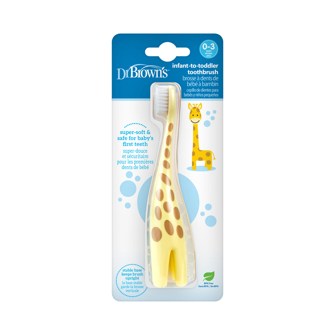 The Dr. Brown’s™ Infant-to-Toddler Toothbrush, suitable for ages 0-3, comes with a yellow giraffe handle and ultra-soft bristles to ensure safety for your baby's first teeth.