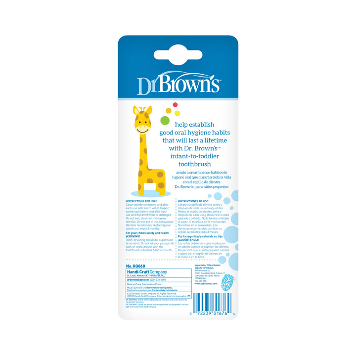 The packaging for the Dr. Brown’s™ Infant-to-Toddler Toothbrush, Giraffe, 1-Pack showcases an adorable yellow giraffe illustration and text emphasizing the importance of starting baby oral hygiene habits early. On the back, you'll find instructions, product details, and a UPC code, making it an ideal choice for introducing infants to dental care.