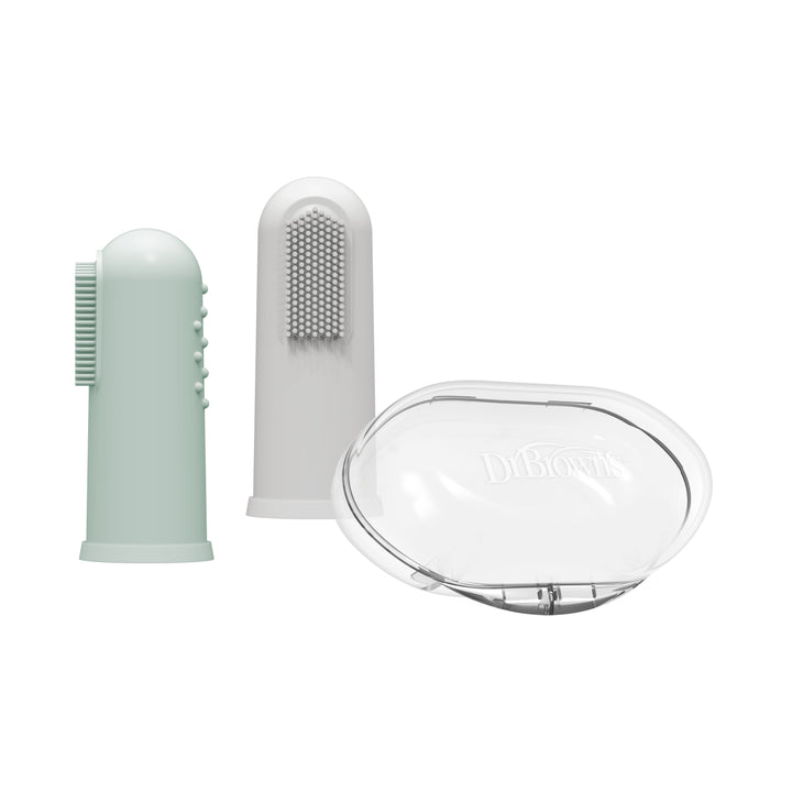 Ensure your baby's oral hygiene is well-maintained with Dr. Brown’s™ Silicone Finger Toothbrush, 2-Pack with Case. This set features two brushes—in green and white—with gentle soft silicone bristles designed for effective cleaning. It also includes a transparent storage case elegantly marked with the "Dr. Brown's" logo.