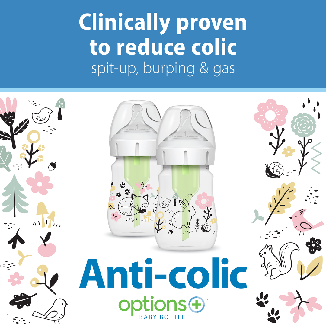 Image showcasing a pair of Dr. Brown's Natural Flow® Anti-Colic Options+™ Wide-Neck Baby Bottles, designed with charming bird and floral patterns, amidst an array of flowers and birds. The text highlights their clinical proof in reducing colic, spit-up, burping, and gas while featuring slow flow nipples for a gentle feeding experience.