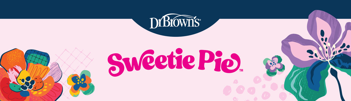 A Dr. Brown's Sweetie Pie graphic banner featuring the brand name at the top, 'Sweetie Pie' in pink script in the center, and colorful floral illustrations on a light pink background with a dark blue header.