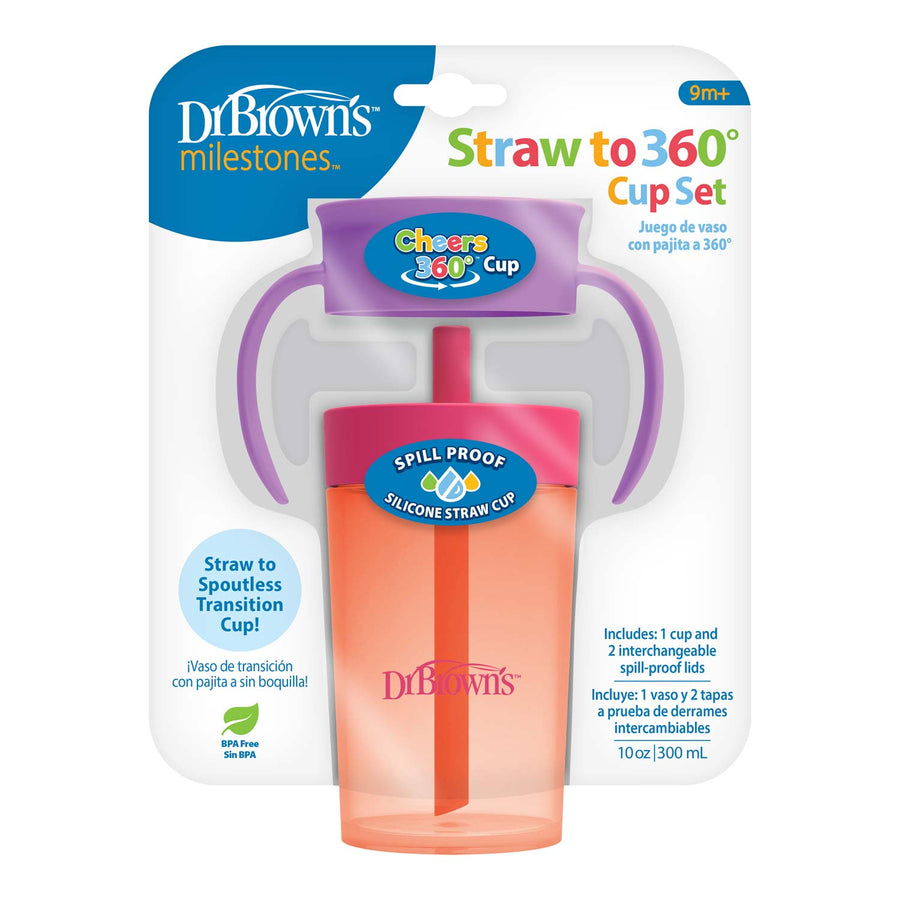 Dr. Brown's® Milestones™ Straw to 360° Cup Set includes spill-proof silicone straw cups for ages 9 months+, featuring interchangeable lids and handles to aid sipping skills, easing the straw transition. The set offers pink and purple cups with a capacity of 10 oz (300 ml) each.