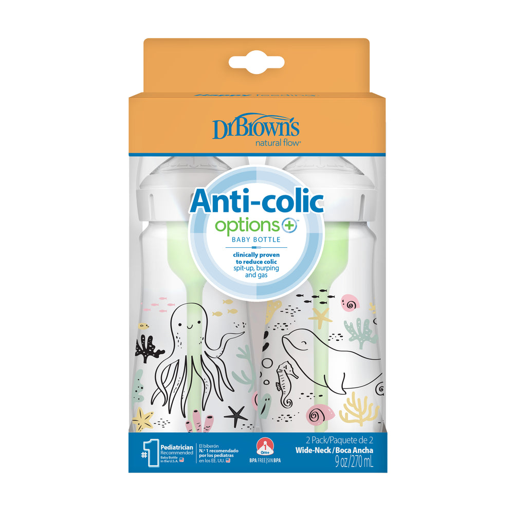 The packaging of Dr. Brown’s Natural Flow® Anti-Colic Options+™ Wide-Neck Baby Bottle, 9oz/270mL, 2-Pack showcases a whimsical underwater design featuring illustrated sea creatures like octopuses and fish, making it perfect for your baby's feeding needs.