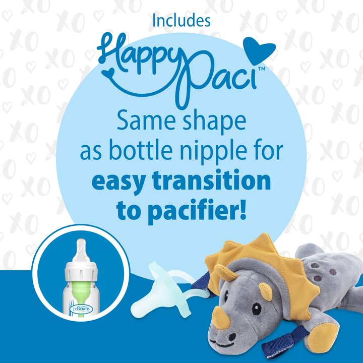 Presenting the promotional image for the Dr. Brown’s® Lovey Pacifier and Teether Holder, Triceratops, which showcases a toy dinosaur and pacifier crafted with a bottle nipple shape for effortless transitions. It also includes a baby bottle, all displayed against a background adorned with heart-filled "XO" patterns.