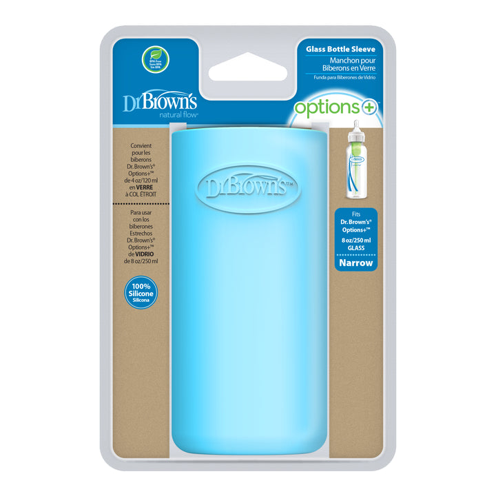 The Dr. Brown’s Natural Flow® Options+™ Narrow Glass Bottle Silicone Sleeves are designed with a light blue silicone sleeve to perfectly fit 8 oz/250 ml narrow-neck glass bottles from Dr. Brown's. The packaging features text beautifully presented in both English and French, ensuring accessibility for all users.