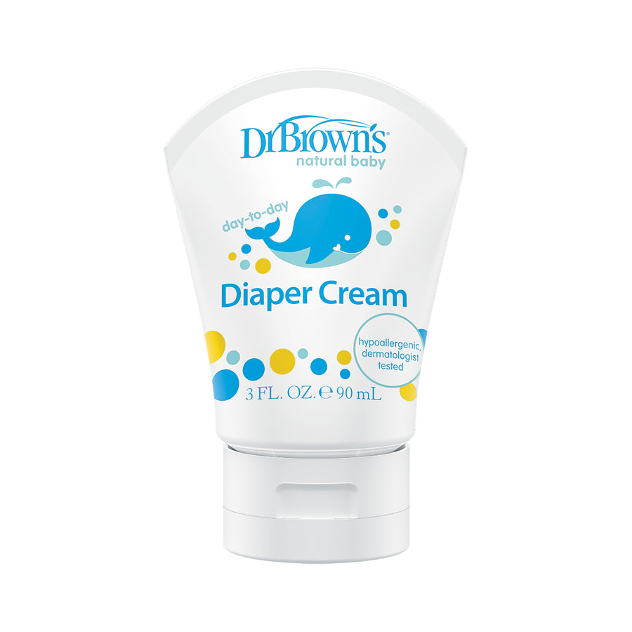 A 3 fl. oz. (90 mL) tube of Dr. Brown's Natural Baby Diaper Cream showcases a charming blue whale design accented with playful blue and yellow bubbles. This hypoallergenic cream from Dr. Brown's is dermatologically tested to effectively soothe diaper rash.