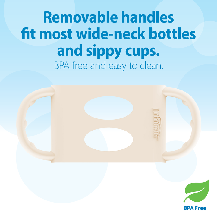 The image displays Dr. Brown’s® Milestones™ Wide-Neck Silicone Handles, designed for enhancing independent drinking. These white removable handles are crafted to fit most wide-neck bottles and sippy cups. Featuring two silicone handles, they ensure an easy grip. The text above highlights "BPA free and easy to clean," accompanied by a BPA Free logo at the bottom right corner.