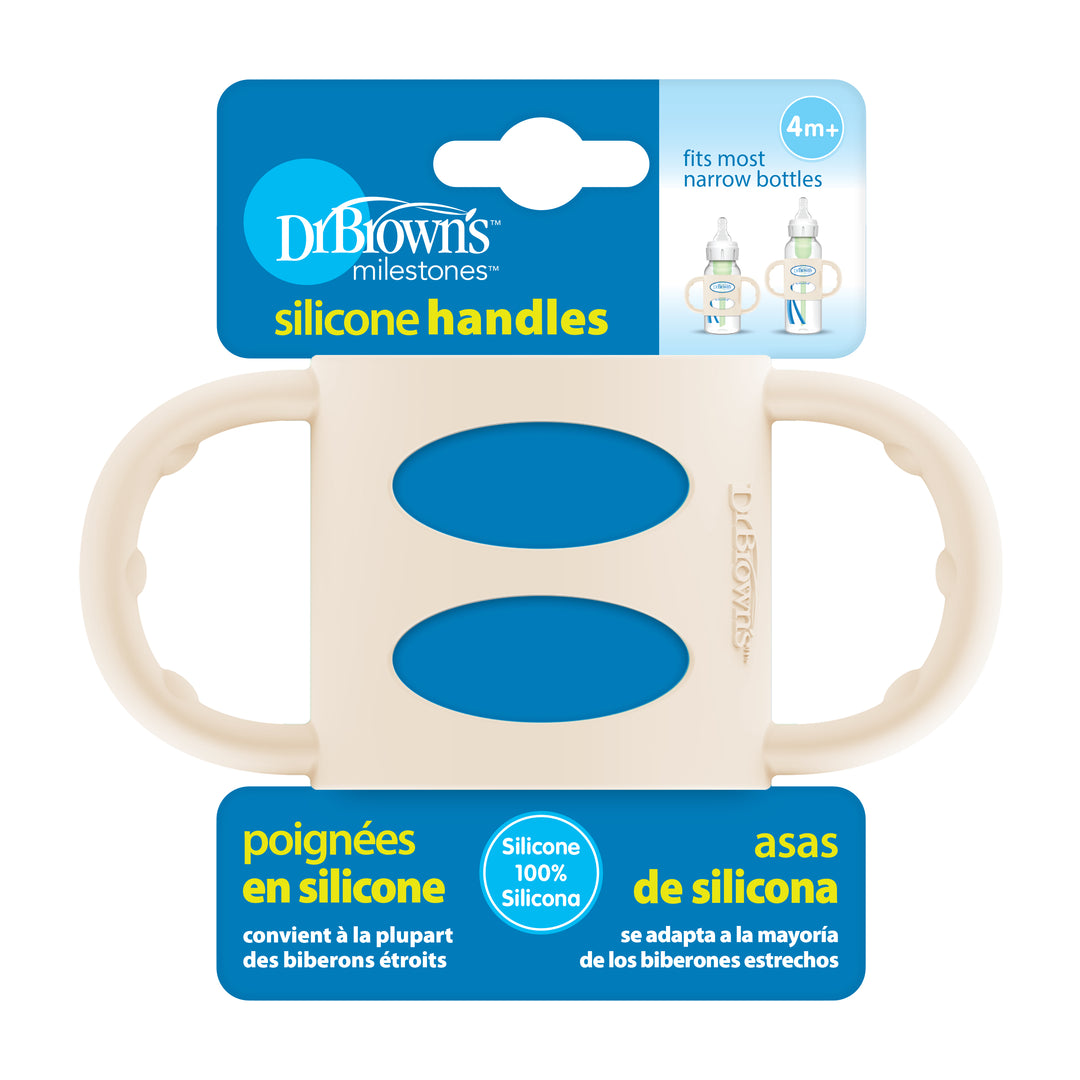 The packaging for Dr. Brown’s® Milestones™ Narrow Silicone Handles is specifically designed for narrow baby bottles, encouraging independent drinking skills. It includes illustrations of attachment methods and text in both English and Spanish, specifying that it's suitable for babies aged 4 months and older. These handles are a perfect fit with Dr. Brown’s Bottles!