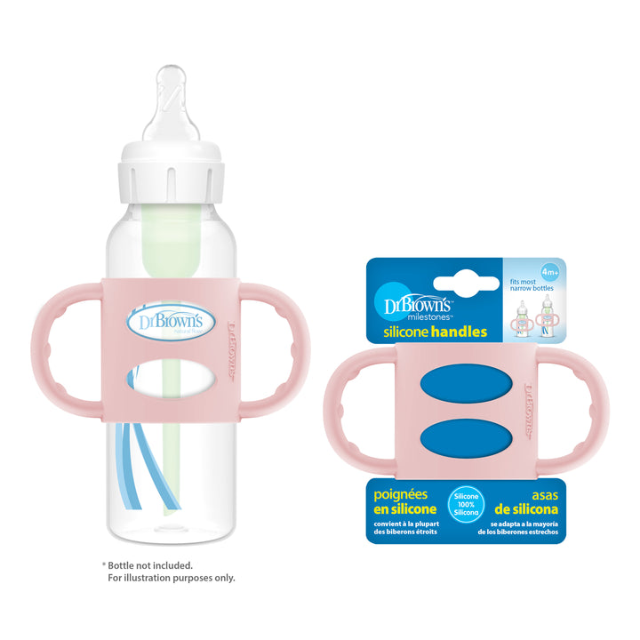 The Dr. Brown’s® Milestones™ Narrow Silicone Handles in pink are displayed along with their packaging. These handles promote independent drinking skills and can be used with Dr. Brown's Narrow Bottles, making them suitable for babies aged 4 months and older.