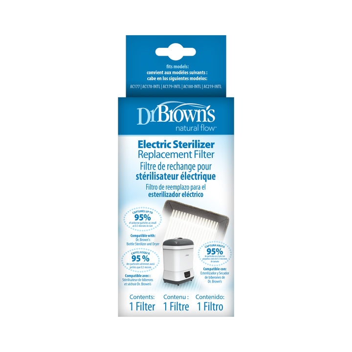 Dr. Brown's Filter Replacement for Bottle Sterilizer and Dryer features packaging in a blue and white design, with information provided in English, French, and Spanish. The packaging displays an image of the HEPA-type filter and highlights its 95% particulate filtration efficiency.