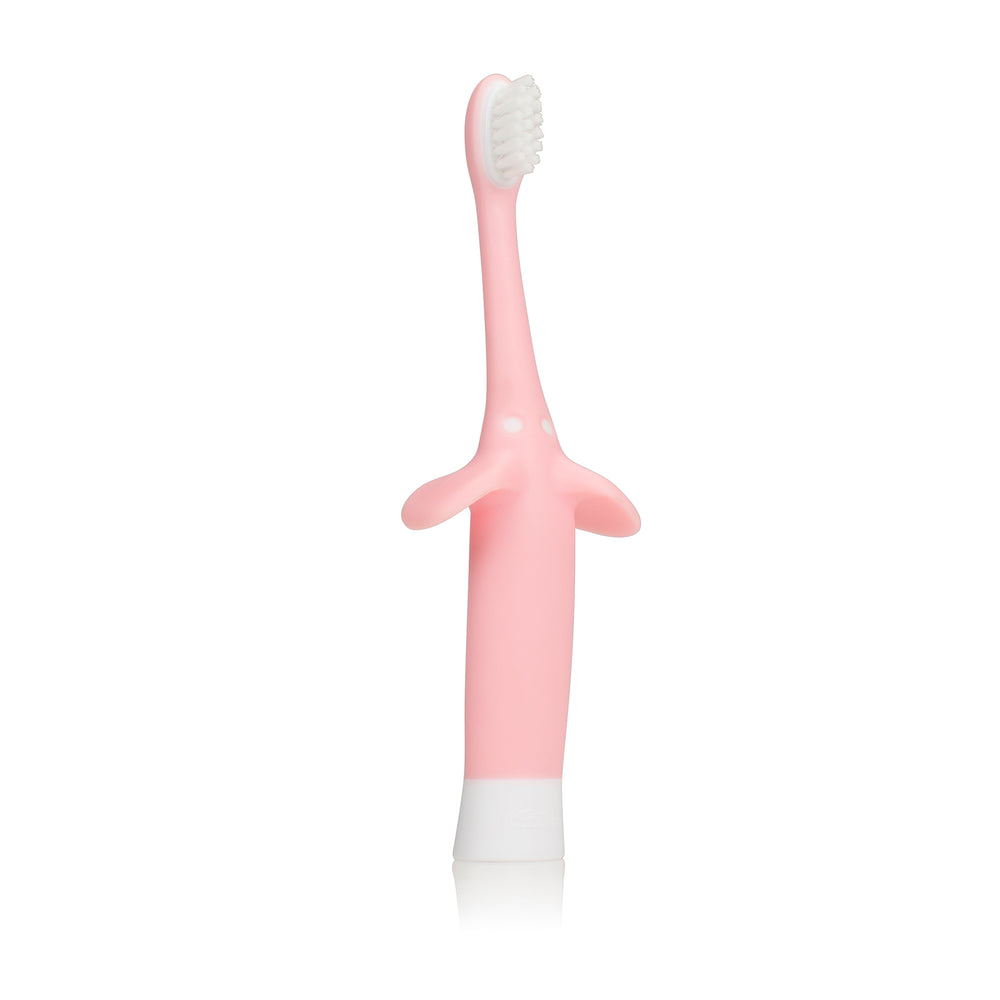 The Dr. Brown's™ Infant-to-Toddler Toothbrush, Elephant, 1-Pack features a pink design with a wide, easy-to-grip handle that is perfect for little hands. Its soft bristles and white tip provide gentle oral hygiene, while the uniquely shaped handle enhances comfort and safety, making it ideal for infant oral care.