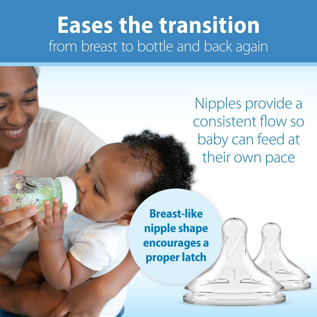 A person smiles while bottle-feeding an infant, highlighting the simplicity of switching from breastfeeding to Dr. Brown’s Natural Flow® Anti-Colic Options+™ Wide-Neck Baby Bottle. The mentioned text emphasizes the breast-like shape of the nipples that encourage a proper latch and ensure Natural Flow. Two Dr. Brown's Anti-Colic Baby Bottle nipples are displayed next to the text.