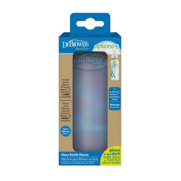 The packaging of Dr. Brown's Natural Flow® Options+™ Narrow Glass Bottle Silicone Sleeves in blue includes the text "Natural Flow," "Options+," and "Glows in the dark." This protective baby bottle sleeve is crafted from 100% silicone and perfectly fits Dr. Brown’s 8oz/9oz narrow glass bottles.