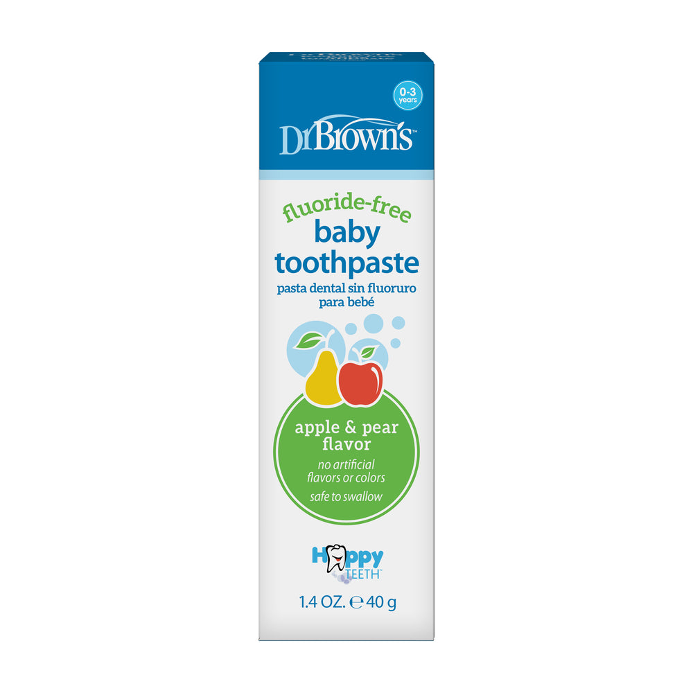 Dr. Brown’s™ Fluoride-Free Baby Toothpaste in a 1.4 oz tube guarantees clean teeth with its pleasant apple and pear flavor. The blue and white packaging highlights fruit illustrations, ensuring no artificial flavors or colors, and it's safe to swallow, ideal for maintaining dental hygiene.