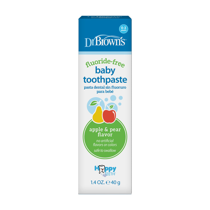 Dr. Brown’s™ Fluoride-Free Baby Toothpaste in a 1.4 oz tube guarantees clean teeth with its pleasant apple and pear flavor. The blue and white packaging highlights fruit illustrations, ensuring no artificial flavors or colors, and it's safe to swallow, ideal for maintaining dental hygiene.