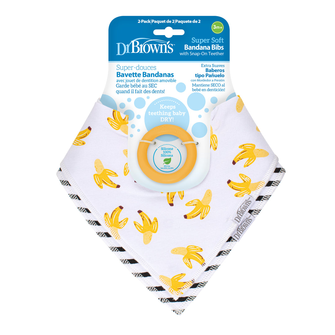 A Dr. Brown’s™ pack of Bandana Bibs with Removable Teether comes in a set of two, adorned with charming yellow banana prints on a white background. Designed by Dr. Brown's for ultimate comfort and convenience, the bibs are packaged in blue, combining style and practicality for your little one's mealtime needs.