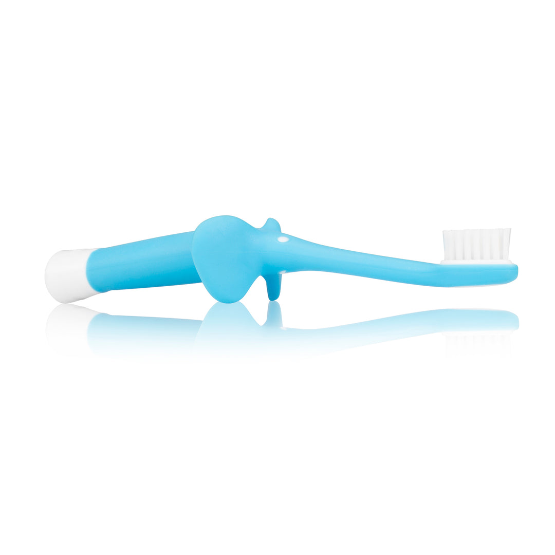 The Dr. Brown's™ Infant-to-Toddler Toothbrush, featuring a whimsical elephant design in blue with a white brush head and curved handle, is ideal for promoting oral hygiene in infants. Its playful appearance transforms daily brushing into a fun activity, making it the perfect toothbrush choice for young children.