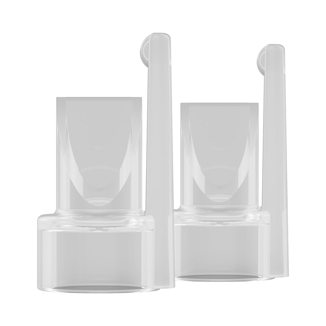 Two see-through, cylindrical plastic adapters featuring a U-shaped end are showcased against a white background. These Dr. Brown's Replacement Duckbill Valves for Breast Pumps come in a pack of two and are identical, positioned side by side to highlight their sleek and glossy surfaces.