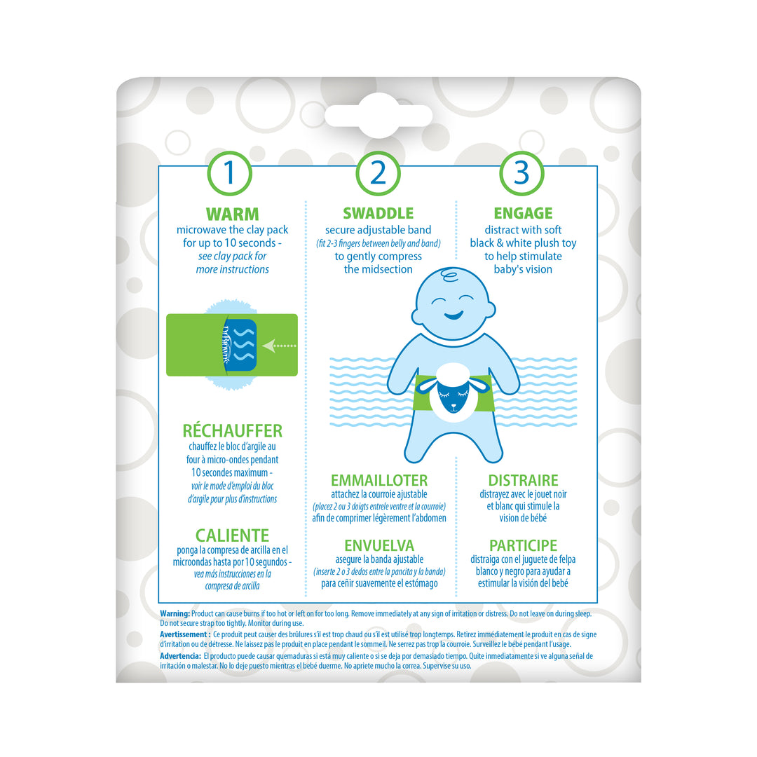 Illustration of a baby with instructions for using Dr. Brown's™ Infant Gripebelt™ as a natural colic relief. Steps include warming the clay pack in the microwave, securing the belt around the midsection, and engaging the baby with a soft toy. Instructions are provided in multiple languages.