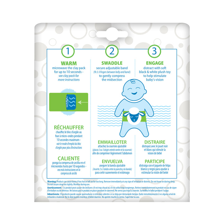 Illustration of a baby with instructions for using Dr. Brown's™ Infant Gripebelt™ as a natural colic relief. Steps include warming the clay pack in the microwave, securing the belt around the midsection, and engaging the baby with a soft toy. Instructions are provided in multiple languages.