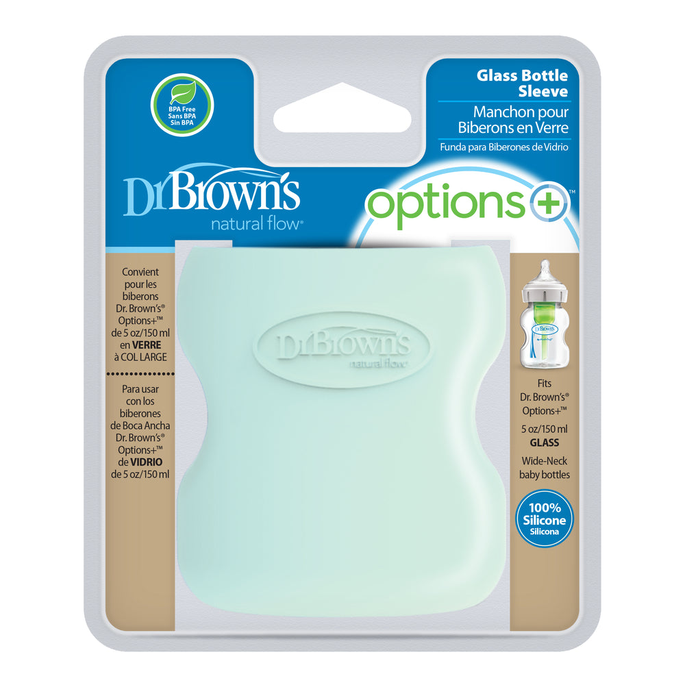 The image features Dr. Brown's Natural Flow® Options+™ Wide-Neck Glass Bottle Silicone Sleeve in a soothing mint green color. Crafted to fit 5 oz/150 ml wide-neck bottles, it highlights durability and is proudly made of 100% silicone as stated on its packaging.