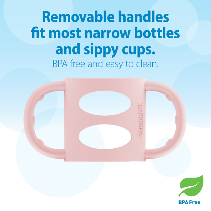 Image of Dr. Brown’s® Milestones™ Narrow Silicone Handles, designed for Dr. Brown's Narrow Bottles and sippy cups, in pink silicone. It includes two grip handles and is BPA-free to encourage independent drinking skills. The background features blue bubbles with text emphasizing its easy cleaning and compatibility with most bottles.