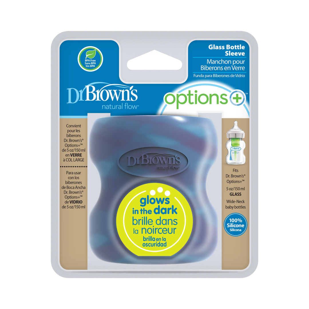 Dr. Brown's Natural Flow® Options+™ Wide-Neck Glass Bottle Silicone Sleeves are crafted from 100% silicone, glow in the dark, and feature multilingual text in English, French, and Spanish for global appeal. They are available in blue and specifically designed to fit glass baby bottles.