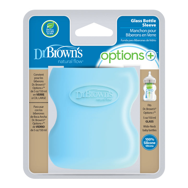 Packaging of Dr. Brown's Natural Flow® Options+™ Wide-Neck Glass Bottle Silicone Sleeves. The front features a blue silicone sleeve designed for Dr. Brown's 5 oz/150 ml glass baby bottles, highlighting its composition as 100% silicone and stating that it is dishwasher safe, with the text provided in both English and French.